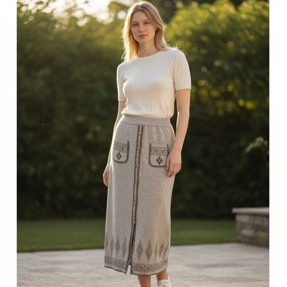 S/M Women's Unusual long midi pencil knit skirt tan cocoa caramel fair isle boho